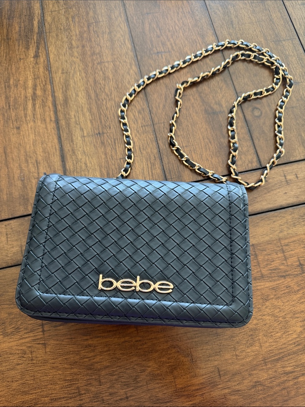 BEBE Monogram Quilted Crossbody with Gold Chain Color BLACK Purse Handbag
